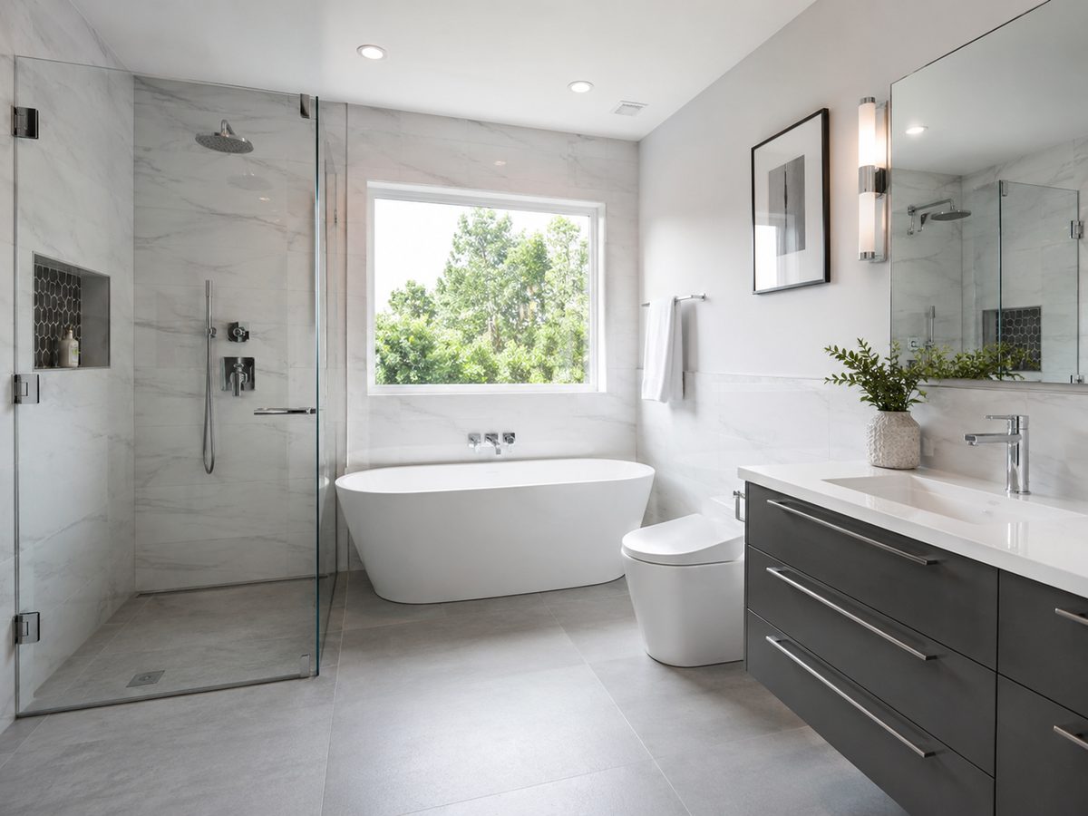 Modern bathroom installation with freestanding bath and walk-in shower
